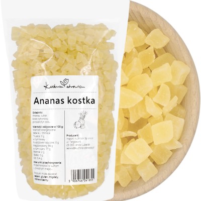 Ananas kandyzowany w kostce KUCHNIA ZDROWIA – opakowanie z etykietą i miska z kawałkami ananasa