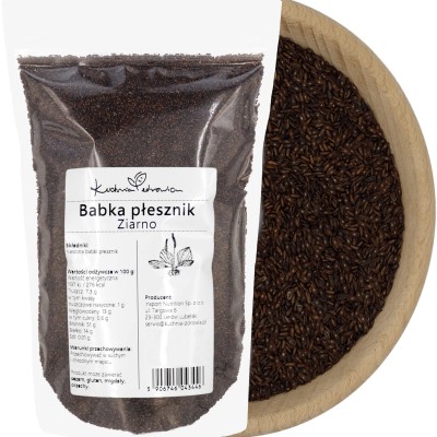 Babka płesznik ziarno KUCHNIA ZDROWIA – opakowanie z etykietą i miska z ziarnem babki płesznik