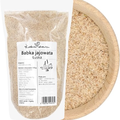 Babka jajowata łuska KUCHNIA ZDROWIA – opakowanie z etykietą i miska z łuską babki jajowatej