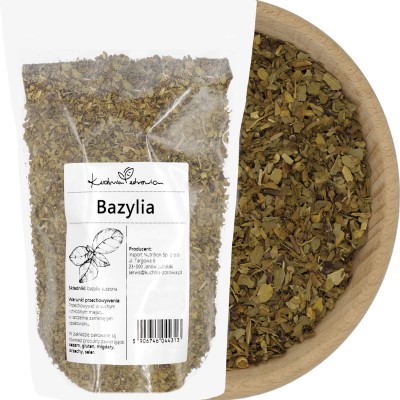 Bazylia suszona KUCHNIA ZDROWIA – opakowanie z etykietą i miska z suszonymi liśćmi bazylii