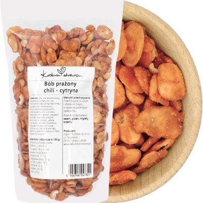 Bób prażony chili-cytryna KUCHNIA ZDROWIA – opakowanie z etykietą i miska z chrupiącym bobem w przyprawie chili i cytrynowej