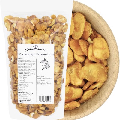 Bób prażony miód-musztarda KUCHNIA ZDROWIA – opakowanie z etykietą i miska z chrupiącym bobem w przyprawie miodowo-musztardowej