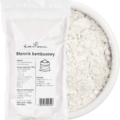 Błonnik bambusowy KUCHNIA ZDROWIA – opakowanie z etykietą i miska z mąką bambusową