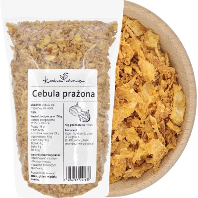 Cebula prażona KUCHNIA ZDROWIA – opakowanie z etykietą i miska z chrupiącą, złocistą cebulką smażoną