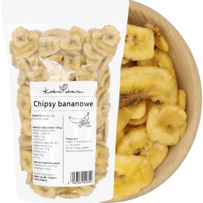 Chipsy bananowe KUCHNIA ZDROWIA – opakowanie z etykietą i miska z chrupiącymi plasterkami bananów